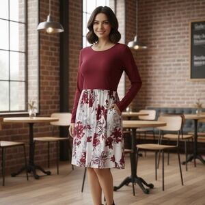 Auselily Dress Womens 2XL Maroon Floral Long Slv Pleated Cottagecore Lagenlook